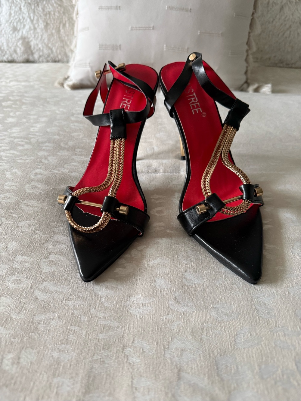 Stree Black Pointed T-Strap Heels with Gold Chain Detail - Black
